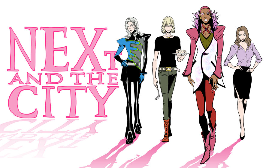 1girl, 3boys, agnes_joubert, barnaby_brooks_jr., bell-bottoms, belt, black_skirt, blonde_hair, boots, brown_hair, c-b-jim, dark_skin, earrings, food, fried_rice, funaki_kazuo, glasses, gloves, green_eyes, grey_hair, hair_ornament, hairclip, jewelry, ladle, logo, long_hair, lunatic_(tiger_&amp;_bunny), mole, multiple_boys, nathan_seymour, pants, parody, pencil_skirt, pink_eyes, pink_hair, pun, sex_and_the_city, short_hair, skirt, studded_belt, superhero_costume, tiger_&amp;_bunny, yuri_petrov