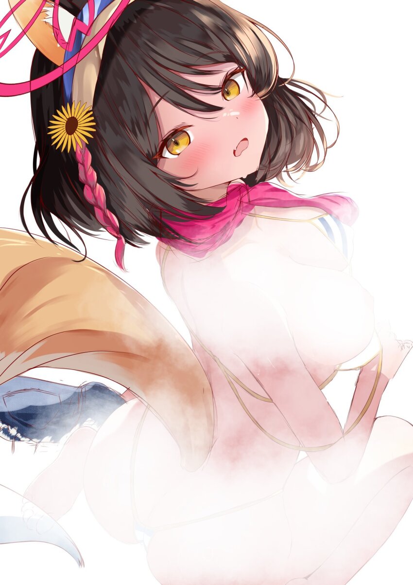 1girl, animal_ears, ass, bikini, black_hair, blue_archive, blush, breasts