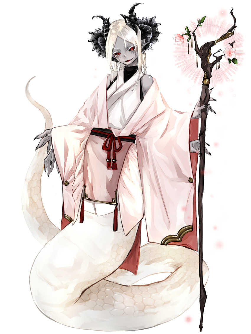 1boy, black_horns, black_sclera, braid, colored_sclera, colored_skin, dairoku_ryouhei, extra_arms, fran_leonis, full_body, grey_skin, highres, holding, holding_staff, horns, japanese_clothes, kimono, lamia_boy, monster_boy, peiyutwitt, red_eyes, scales, staff, white_hair, wide_sleeves