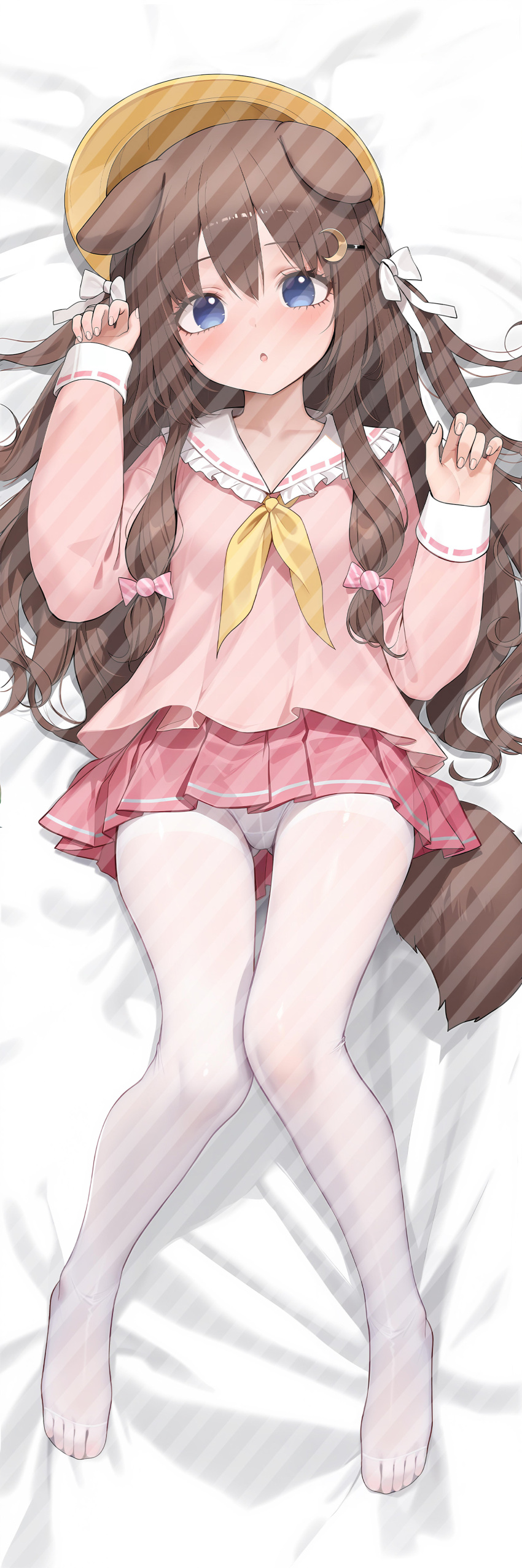 1girl, absurdres, animal_ears, arms_up, azur_lane, blue_eyes, brown_hair, crescent, crescent_hair_ornament, dakimakura_(medium), dog_ears, dog_girl, dog_tail, feet, full_body, fumizuki_(azur_lane), gluteal_fold, hair_ornament, hairclip, hat, highres, kaguya_white_rabbit, kindergarten_uniform, legs, loli, long_hair, lying, no_shoes, on_back, panties, panties_under_pantyhose, pantyhose, pantyshot, pink_shirt, pink_skirt, pleated_skirt, ribbon, school_hat, shirt, skirt, solo, tail, thigh_gap, thighs, toes, underwear, white_panties, white_pantyhose, white_ribbon, yellow_hat