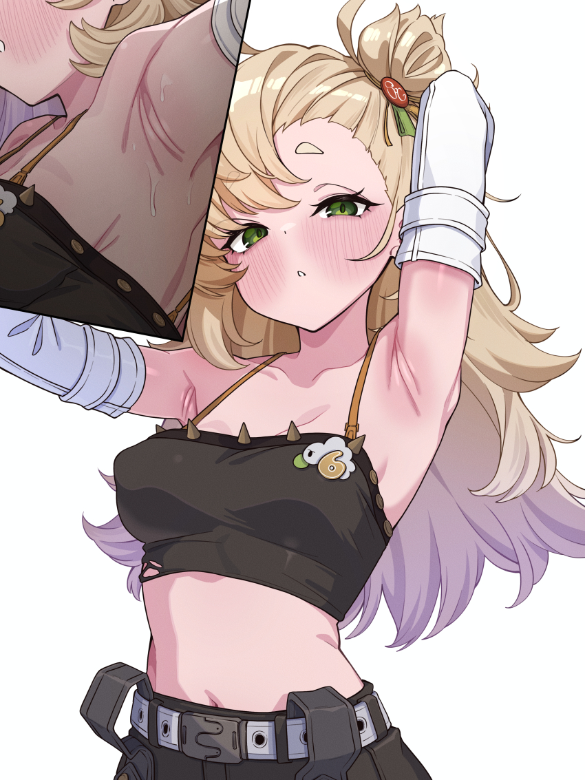 1girl, absurdres, alternate_breast_size_(larger), arm_behind_head, armpits, bare_shoulders, belt, black_shorts