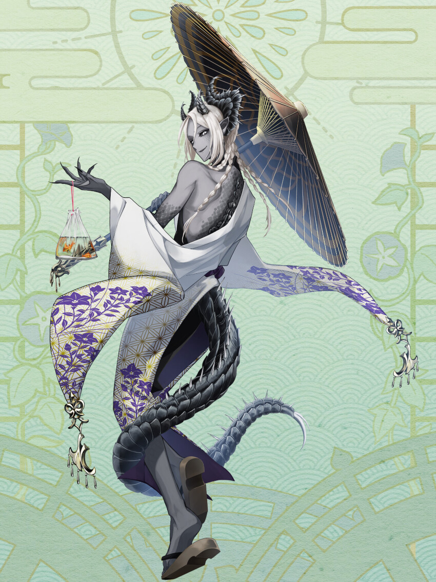 1boy, azumasouya, bag, bagged_fish, black_horns, black_sclera, braid, colored_sclera, colored_skin, dairoku_ryouhei, fish, fran_leonis, full_body, green_background, grey_skin, highres, horns, japanese_clothes, kimono, long_hair, looking_back, male_focus, oil-paper_umbrella, pointy_ears, sandals, scales, slit_pupils, solo, standing, tail, umbrella, white_eyes, white_hair