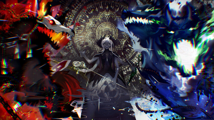 black_horns, cerberus, chain, chromatic_aberration, colored_skin, copyright_name, dairoku_ryouhei, extra_arms