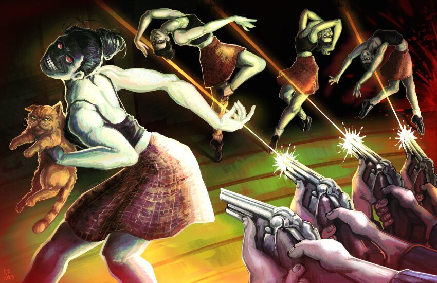 1boy, 1girl, animal, ballet, black_hair, black_tank_top, cat_(no_i'm_not_a_human), cat_lady_(no_i'm_not_a_human)