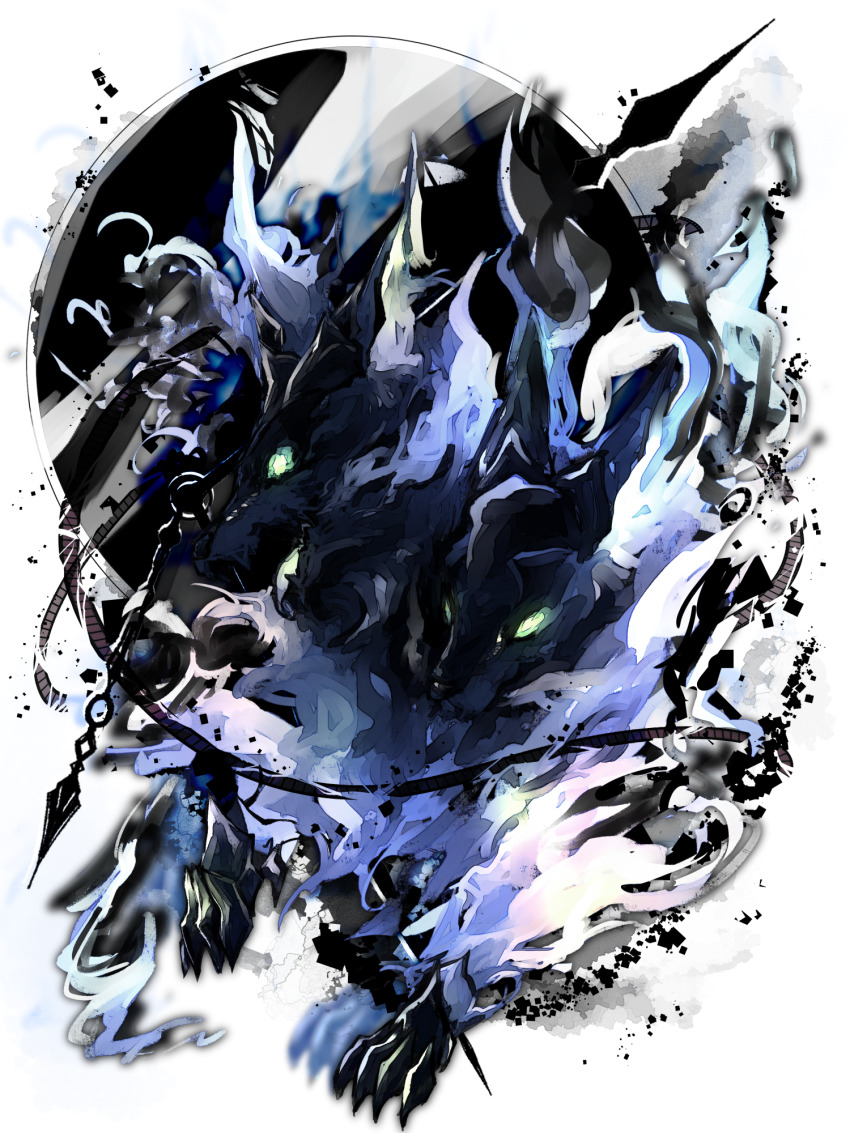 animal, dairoku_ryouhei, fire, green_eyes, highres, monster, multiple_heads, no_humans