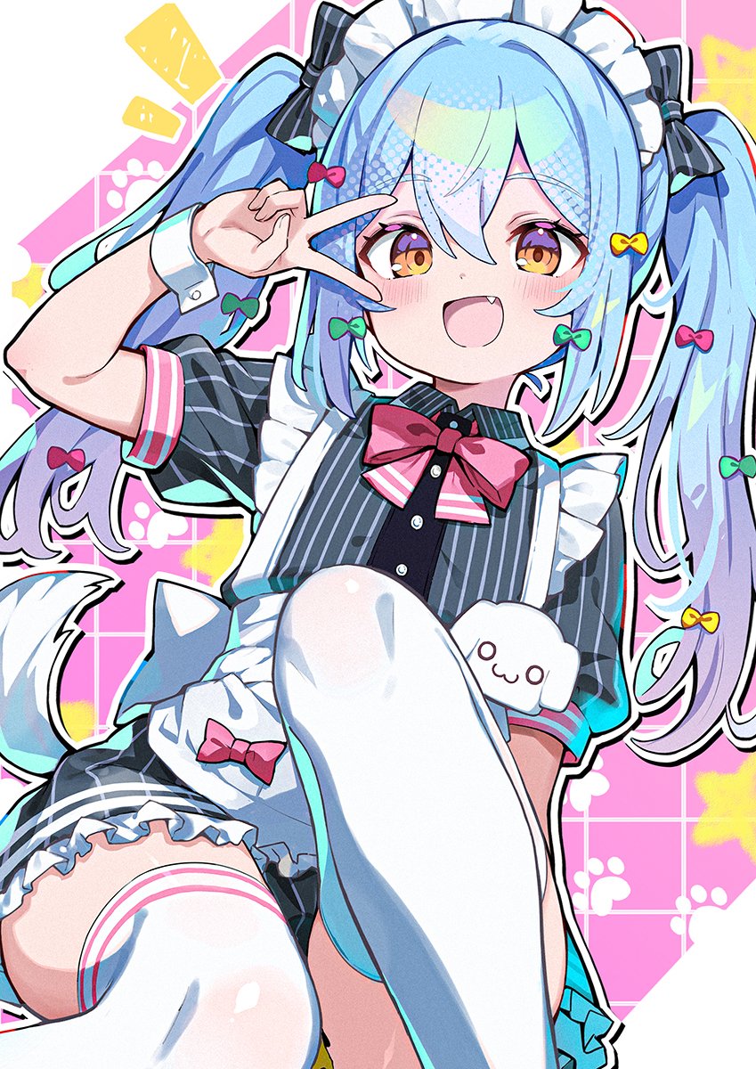 1boy, apron, black_dress, blue_hair, bow, bowtie, commission, crossdressing