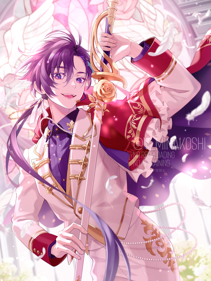 1boy, androgynous, arm_up, beads, blue_streaks, buttons, cape, cevio, collared_shirt, commentary_request, cosplay, cowboy_shot, ensemble_stars!, feathers, fleur-de-lis, frilled_cape, gold_trim, hair_between_eyes, hair_slicked_back, hand_on_weapon, hand_up, highres, holding, holding_sword, holding_weapon, jacket, lapels, long_hair, long_sleeves, male_focus, mole, mole_under_eye, multicolored_hair, notched_lapels, open_mouth, pants, ponytail, purple_cape, purple_eyes, purple_shirt, red_cape, sakuma_ritsu, sakuma_ritsu_(cosplay), shirt, solo, soyogi_soyogi, streaked_hair, sword, two-sided_cape, two-sided_fabric, weapon, white_jacket, white_pants, y_minakoshi
