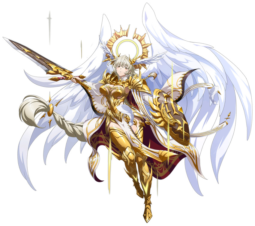 1girl, absurdly_long_hair, absurdres, angel_wings, armor, armored_boots, blonde_hair, boobplate, boots, braid, breastplate, breasts, cape, cleavage, cuisses, dynamic_pose, falling_feathers, faulds, feathered_wings, feathers, fighting_stance, floating_cape, floating_clothes, floating_hair, full_body, game_cg, gold_armor, gold_boots, gold_trim, grenshiel_(langrisser), hair_between_eyes, hair_ornament, halo, highres, holding, holding_shield, holding_sword, holding_weapon, knight, langrisser, langrisser_mobile, large_breasts, leg_armor, leg_up, light_rays, long_hair, looking_at_viewer, low-tied_long_hair, messy_bangs, official_alternate_costume, official_art, oversized_wings, parted_lips, pauldrons, pelvic_curtain, red_cape, second-party_source, shield, shoulder_armor, side_braid, simple_background, solo, standing, standing_on_one_leg, sword, tachi-e, thighhighs, transparent_background, two-sided_cape, two-sided_fabric, very_long_hair, waist_cape, weapon, white_cape, white_feathers, white_wings, wing_hair_ornament, wings, yellow_eyes, yellow_halo, zettai_ryouiki