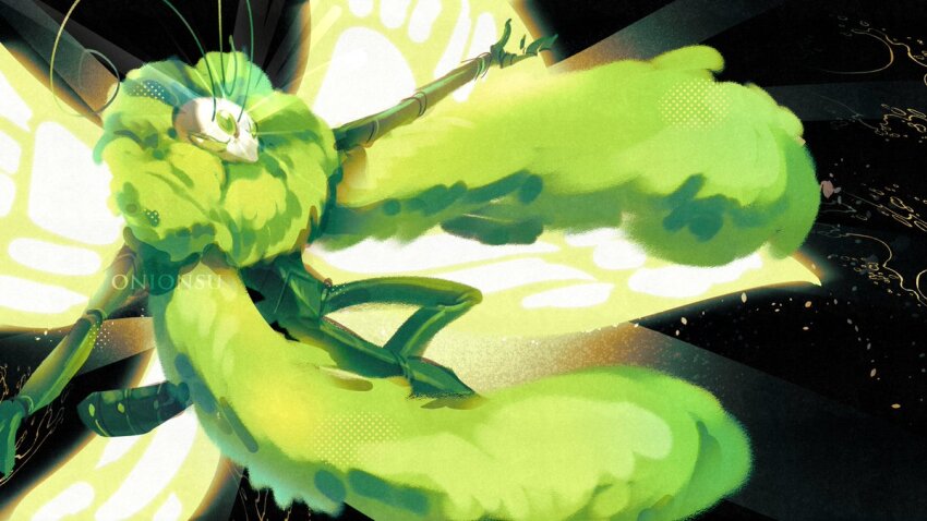 1boy, antennae, arthropod_boy, butterfly_wings, colored_skin, commentary, english_commentary, forehead_jewel