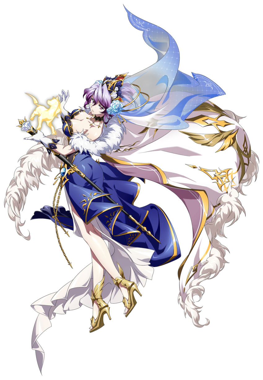 1girl, absurdres, ass, bare_shoulders, black_choker, blue_dress, blue_flower, blue_gem, blue_rose, blue_tiara, blue_veil, breasts, cape, chain, choker, cleavage, closed_mouth, collarbone, curtained_hair, dress, energy_animal, evening_gown, floating_cape, floating_clothes, flower, folded_ponytail, formal_clothes, from_behind, full_body, fur-trimmed_cape, fur_shawl, fur_trim, game_cg, gem, gloves, gold_chain, gold_sandals, gold_shoes, gold_trim, gown, hair_between_eyes, hair_flower, hair_ornament, high_heel_sandals, high_heels, highres, holding, holding_staff, horse, jewelry, langrisser, langrisser_mobile, large_breasts, layered_dress, leaning_back, leg_up, legs, light_frown, long_dress, long_hair, looking_at_viewer, looking_back, mole, mole_under_eye, official_alternate_costume, official_art, purple_eyes, purple_hair, rose, sandals, second-party_source, see-through_clothes, see-through_veil, serious, shawl, shoes, side_slit, simple_background, sleeveless, sleeveless_dress, solo, staff, standing, standing_on_one_leg, strapless, strapless_dress, tabres_(langrisser), tachi-e, tiara, transparent_background, veil, white_cape, white_dress, white_gloves