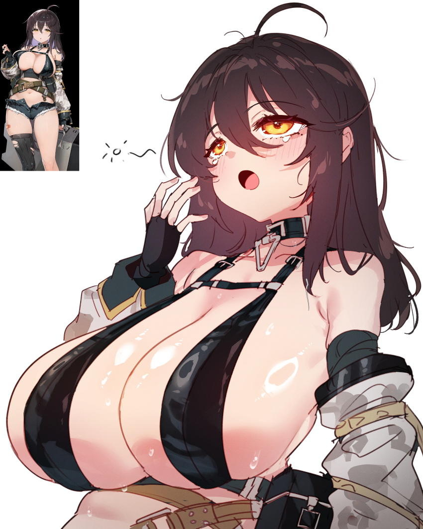 1girl, absurdres, ahoge, bandaid_on_thigh, bare_shoulders, belt, belt_pouch, bikini, bikini_top_only, black_bikini, black_collar, black_gloves, black_hair, black_shorts, black_thighhighs, breasts, camouflage_sleeves, chaos_zero_nightmare, chest_harness, cleavage, collar, colored_inner_hair, cutoffs, detached_sleeves, fingerless_gloves, game_screenshot_inset, gloves, hair_between_eyes, hand_up, harness, highres, holding, huge_breasts, long_hair, long_sleeves, maribell_(chaos_zero_nightmare), micro_shorts, mole, mole_on_breast, mole_under_eye, multicolored_hair, open_fly, open_mouth, pouch, rayno, ring_light_reflection, shorts, single_thighhigh, smile, solo, sweat, swimsuit, tearing_up, thighhighs, thighs, torn_clothes, torn_thighhighs, very_long_hair, yellow_eyes