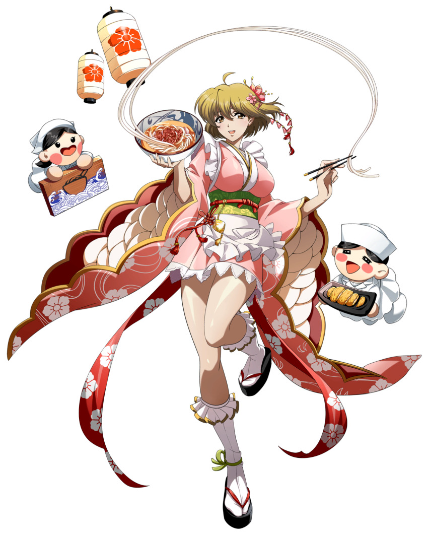 1girl, :d, =_=, ahoge, apron, black_sandals, blonde_hair, blush