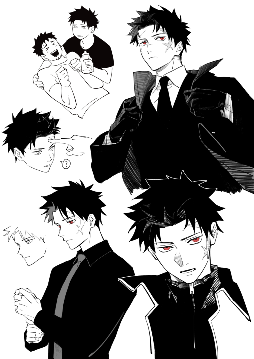 >_<, 2boys, ?, baby_bottle, bottle, chinese_commentary, coat, commentary