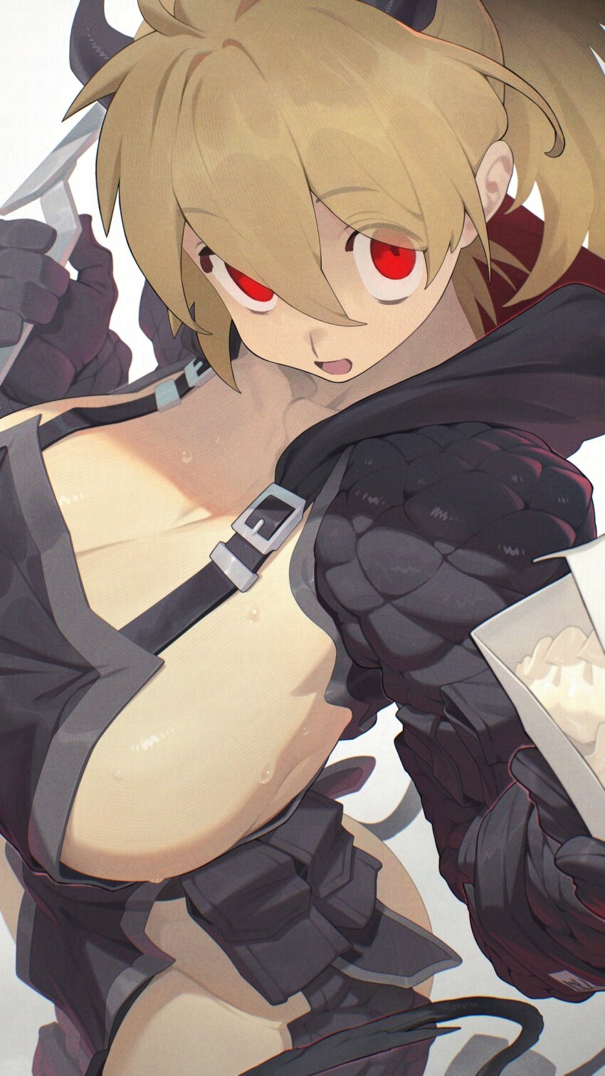 1girl, blonde_hair, breasts, cleavage, commission, dorohedoro, gloves, gyoza, hata4564, highres, horns, huge_breasts, looking_at_viewer, nikaidou_(dorohedoro), open_mouth, pelvic_curtain, pouch, red_eyes, sideboob, simple_background, skeb_commission, solo, sweat