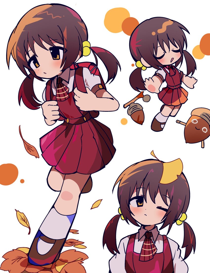 1girl, :<, :d, :o, acorn, ascot, autumn_leaves, backpack