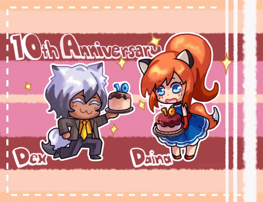 1boy, 1girl, :3, ^_^, absurdres, alternate_costume, animal_ears, anniversary