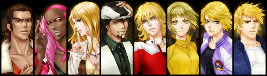 10s, 2girls, 6+boys, antonio_lopez, bad_id, bad_pixiv_id, bare_shoulders, barnaby_brooks_jr., blonde_hair, blue_eyes, blue_jacket, bomber_jacket, brown_eyes, brown_hair, bruce_lee's_jumpsuit, newsboy_cap, column_lineup, detached_sleeves, earrings, facial_hair, finger_to_mouth, glasses, green_eyes, hand_on_headwear, hat, huang_pao-lin, ivan_karelin, jacket, jewelry, kaburagi_t._kotetsu, karina_lyle, keith_goodman, letterman_jacket, lipstick, long_hair, makeup, multiple_boys, multiple_girls, nathan_seymour, necklace, necktie, pink_eyes, pink_hair, purple_eyes, purple_jacket, red_jacket, ring, short_hair, stubble, tiger_&amp;_bunny, vest, waistcoat, watama