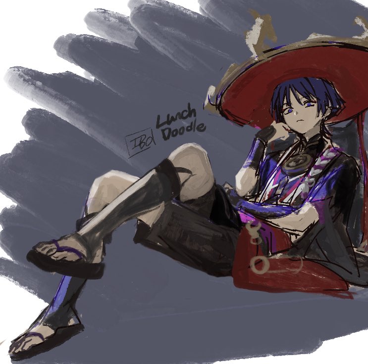 1boy, 49ibo240, armor, artist_name, black_hair, black_kimono, black_sandals, black_shorts