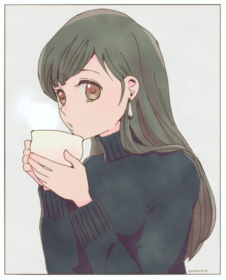 1girl, alternate_costume, artist_name, black_hair, black_sweater, border, brown_eyes, casual