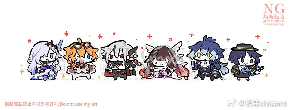 >_o, 3boys, 3girls, ahoge, arlecchino_(genshin_fes_2026)_(genshin_impact), arlecchino_(genshin_impact), arm_behind_back, artist_name