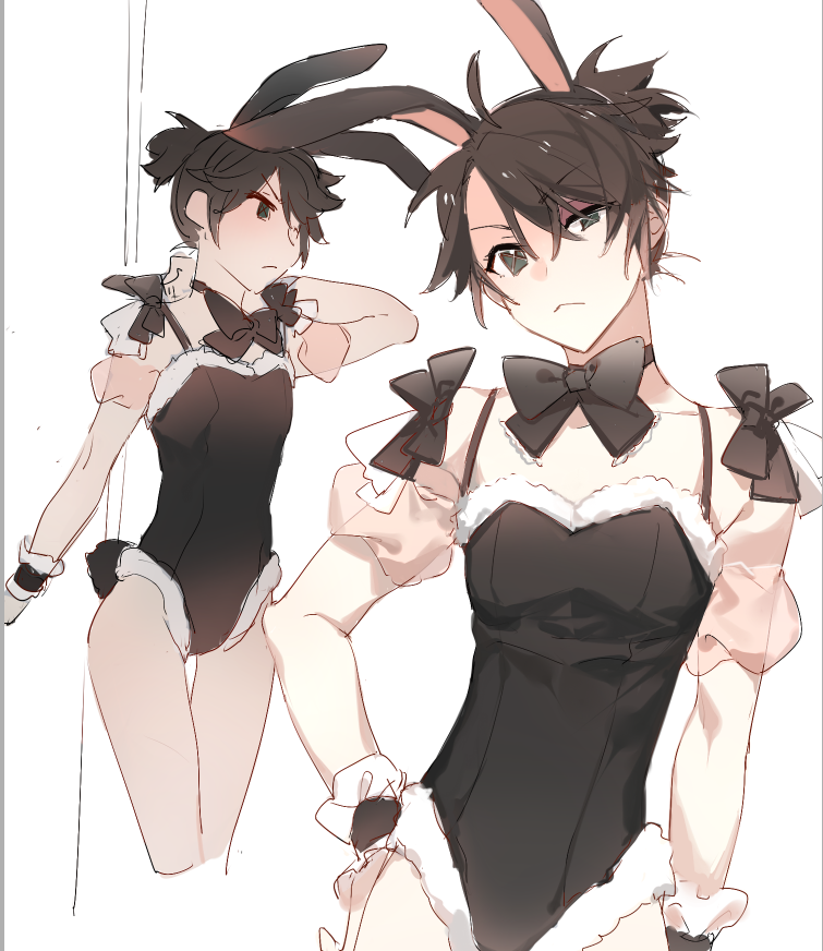 1boy, :<, alternate_costume, androgynous, animal_ears, bishounen, black_bow, black_wrist_cuffs