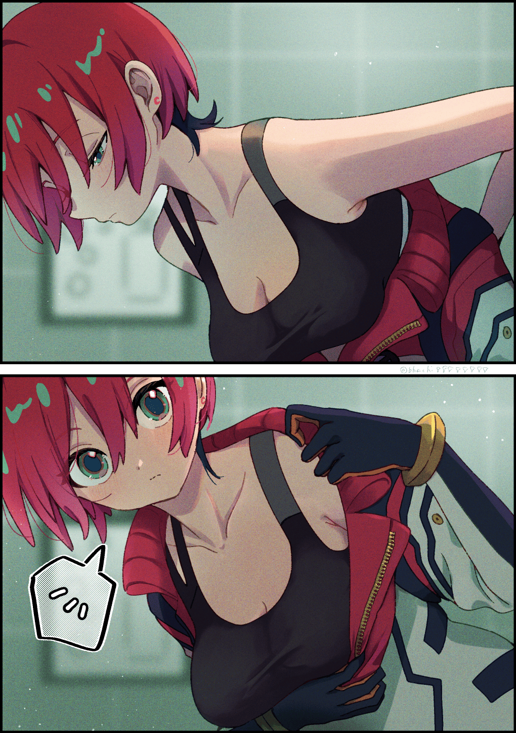 1girl, alternate_breast_size_(larger), amate_yuzuriha, aqua_eyes, bare_shoulders, bhachi88888888, black_tank_top, blue_hair