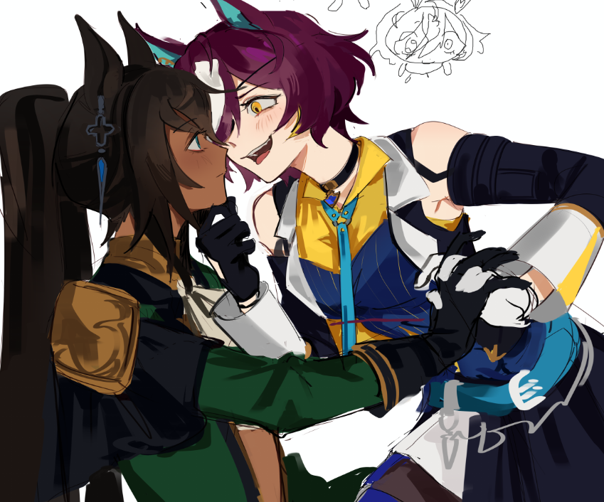 2girls, animal_ears, ascot, asymmetrical_gloves, bare_shoulders, belt, belt_buckle, belt_collar