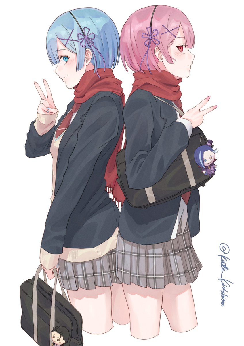 2girls, alternate_costume, back-to-back, bag, bag_charm, black_jacket, blazer, blue_eyes, blue_hair, blush, breasts, charm_(object), closed_mouth, contemporary, cowboy_shot, cropped_legs, flower_knot, from_side, grey_skirt, hair_ornament, hair_ribbon, holding, holding_bag, jacket, kirishima_kate, long_sleeves, looking_at_viewer, miniskirt, multiple_girls, nail_polish, natsuki_subaru, necktie, open_clothes, open_jacket, pink_hair, pink_nails, plaid_clothes, plaid_skirt, pleated_skirt, profile, purple_ribbon, ram_(re:zero), re:zero_kara_hajimeru_isekai_seikatsu, red_eyes, red_necktie, red_scarf, rem_(re:zero), ribbon, roswaal_l._mathers, scarf, school_bag, school_uniform, shirt, short_hair, siblings, signature, simple_background, sisters, skirt, smile, twins, twitter_username, v, white_background, white_shirt, x_hair_ornament