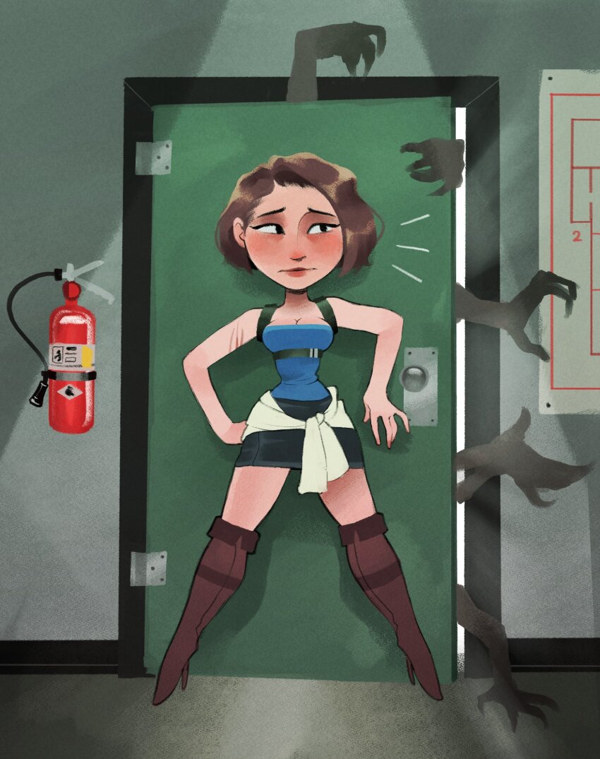 1girl, black_skirt, blue_tube_top, boots, brown_boots, brown_hair, clothes_around_waist, deformed, door, fire_extinguisher, highres, jill_valentine, milkghost, miniskirt, resident_evil, resident_evil_3:_nemesis, skirt, strapless, sweater, sweater_around_waist, tube_top, zombie