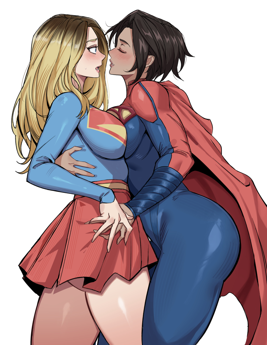 2girls, absurdres, ass, belt, blonde_hair, blue_bodysuit, blue_eyes, blush, bodysuit, breast_press, breasts, brown_hair, cape, closed_eyes, dc_comics, hand_on_another's_back, highres, imminent_kiss, kara_danvers, large_breasts, leotard, long_hair, mg991998, multiple_girls, multiple_persona, red_cape, short_hair, shy, skirt, sleeved_leotard, supergirl, superhero_costume, superman_(2025), superman_(series), superman_logo, surprised, sweat, the_flash_(movie), the_flash_(series), thick_thighs, thighs, toned, toned_female, yuri