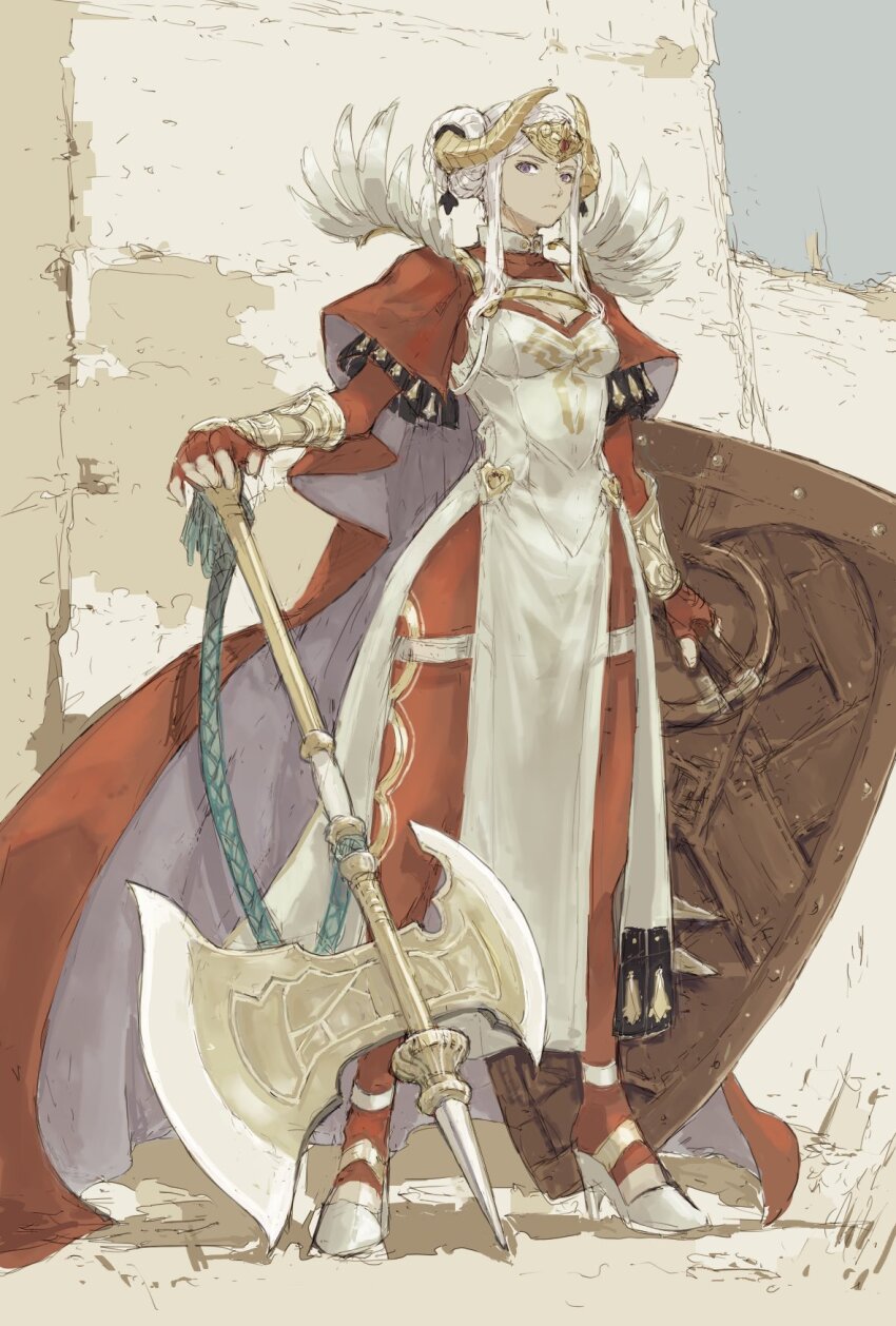 1girl, axe, breasts, cape, cleavage, double_bun, dress, edelgard_von_hresvelg