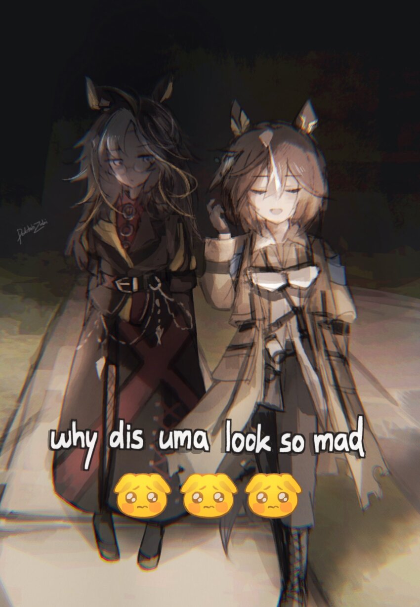 2girls, animal_ears, bare_shoulders, black_boots, black_coat, black_gloves, black_hair, black_pants