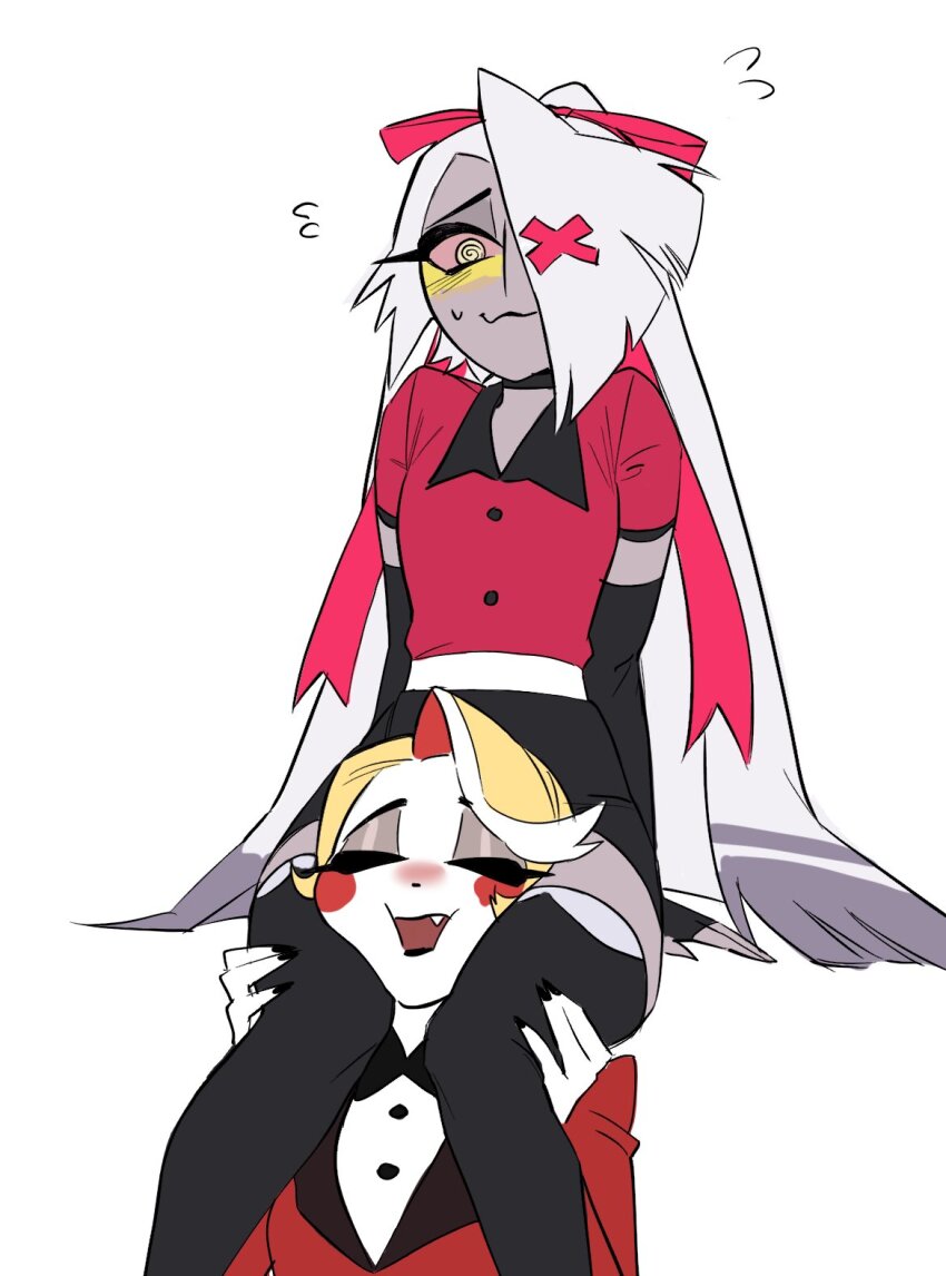 2girls, :3, @_@, between_thighs, blonde_hair, blush, bow, charlie_morningstar, circle_facial_mark, colored_inner_hair, elbow_gloves, facial_mark, fang, fingerless_gloves, gloves, hair_bow, hazbin_hotel, head_between_thighs, hellaverse, highres, hunyangzi, invisible_chair, long_hair, multicolored_hair, multiple_girls, open_mouth, sitting, vaggie, very_long_hair, yuri