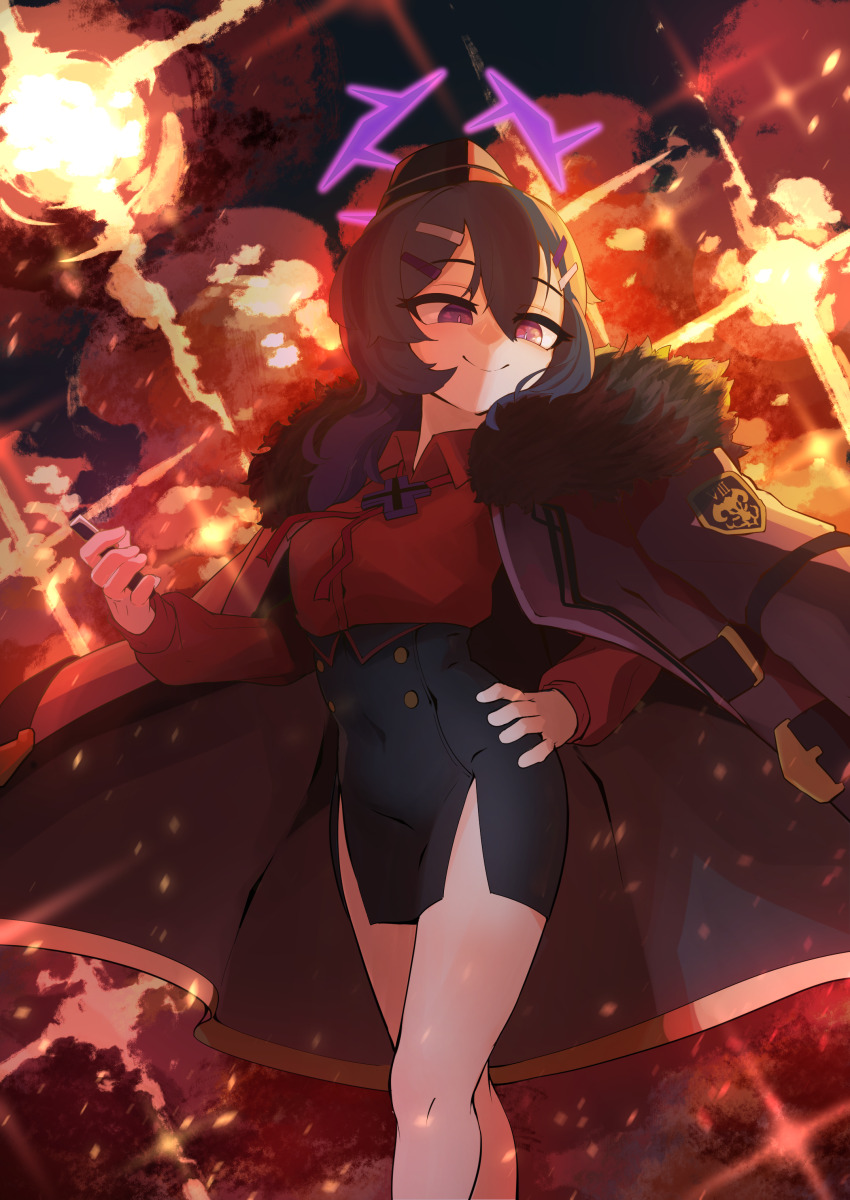 1girl, absurdres, alternate_costume, backlighting, black_hat, black_skirt, blue_archive, buttons