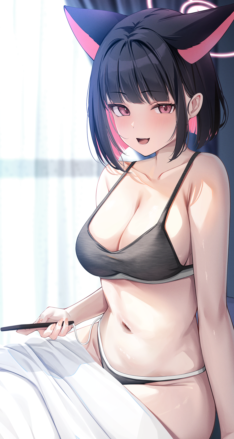 1girl, animal_ears, bare_shoulders, black_hair, blanket, blue_archive, blunt_ends, blush