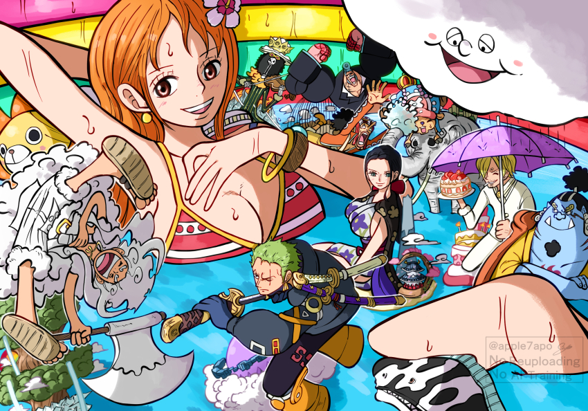 2025, 2girls, 6+boys, afro, alternate_color, apple7apo, axe, bikini