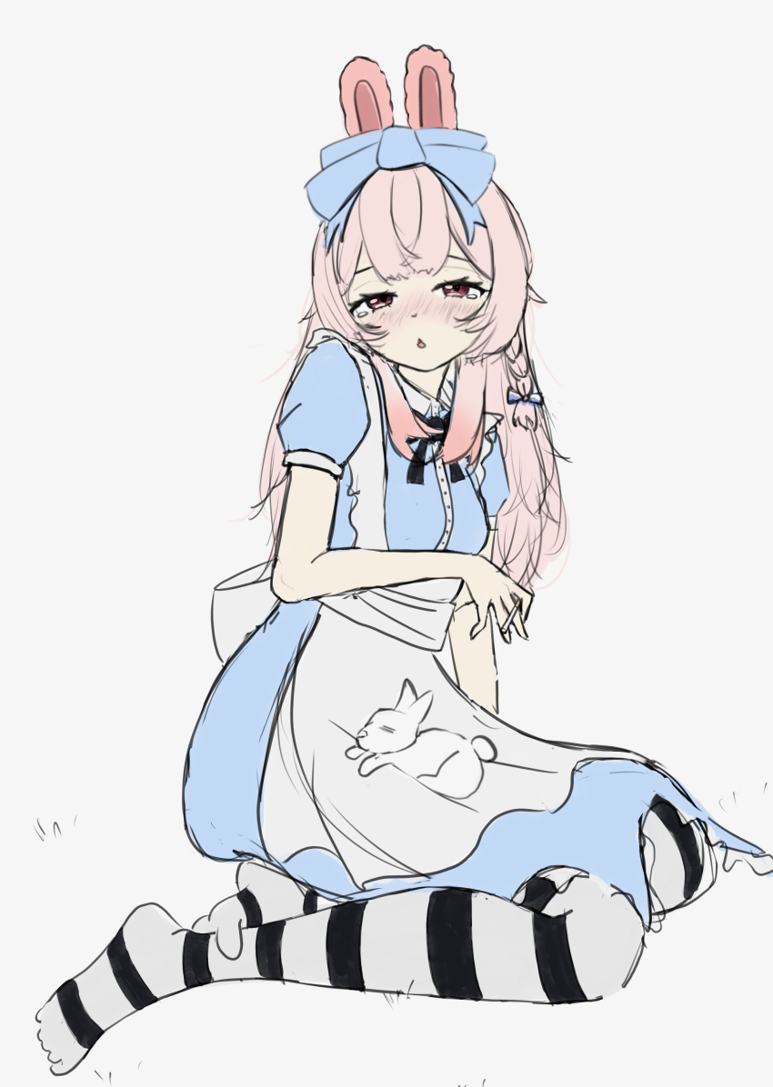 1girl, absurdres, alice's_adventures_in_wonderland, alice_(alice_in_wonderland), alice_(alice_in_wonderland)_(cosplay), animal_print, blue_dress, blush