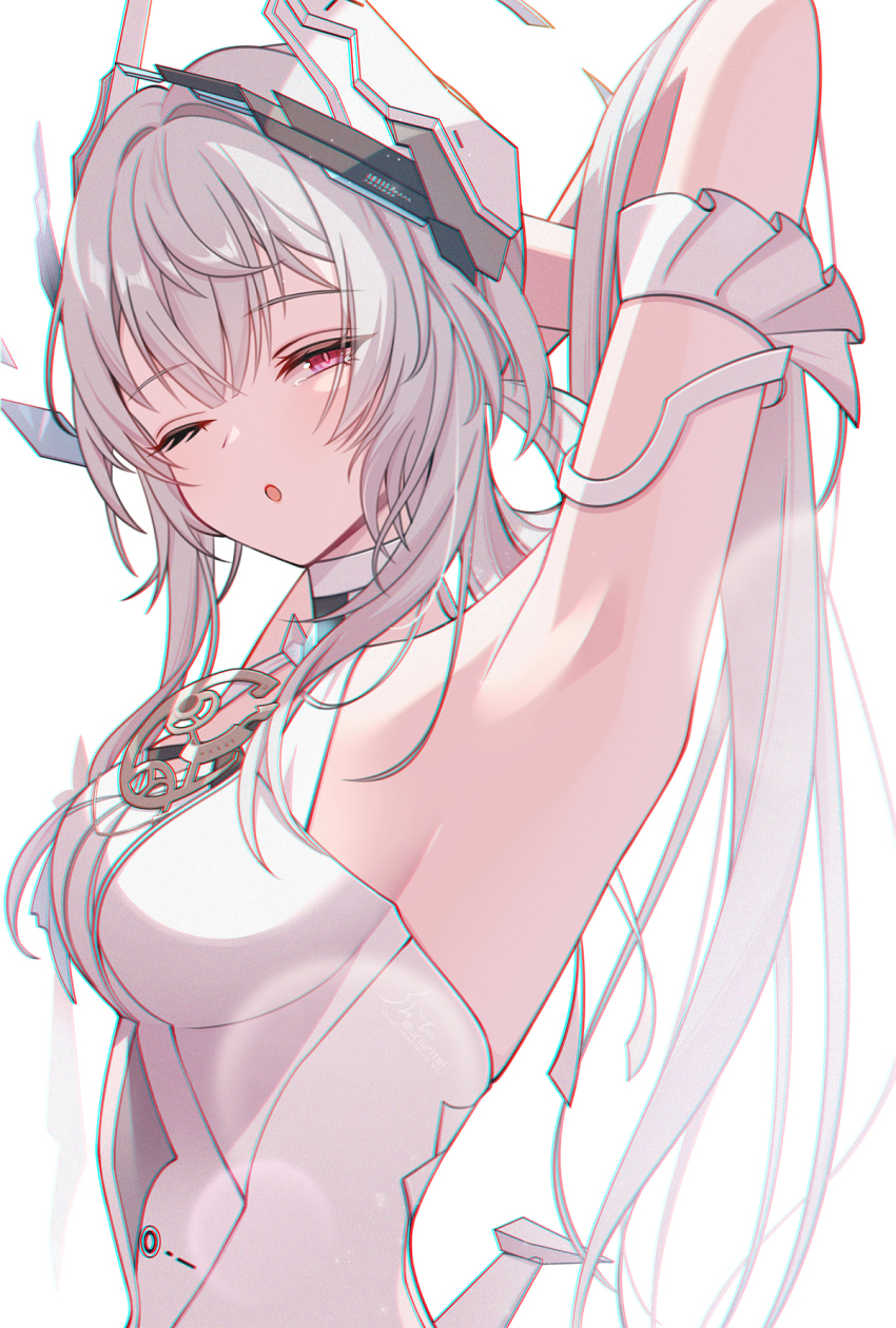 1girl, :o, arm_up, armpits, breasts, chromatic_aberration, commentary_request, hair_intakes, headgear, highres, liv:_limpidity_(pgr), liv_(pgr), long_hair, looking_at_viewer, medium_breasts, one_eye_closed, open_mouth, pink_eyes, presenting_armpit, punishing:_gray_raven, simple_background, solo, upper_body, uriuritei, white_background, white_hair