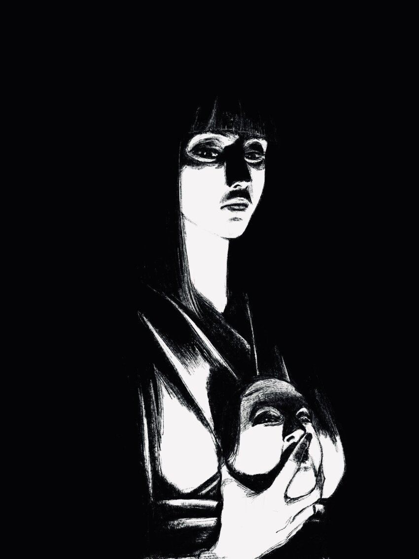 1girl, black_background, black_hair, cropped_torso, highres, holding, holding_mask, long_hair