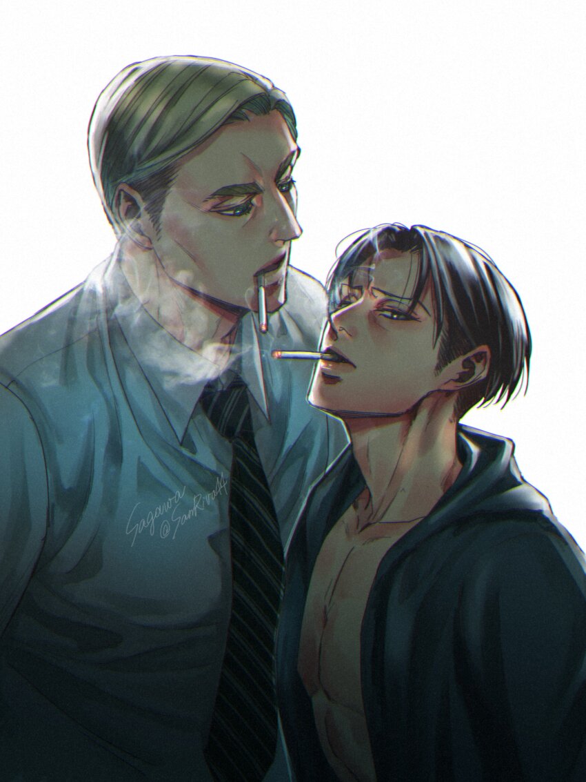 2boys, absurdres, artist_name, black_hair, black_jacket, blonde_hair, cigarette, collared_shirt