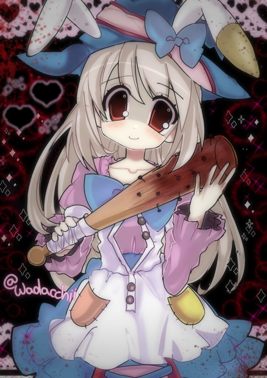 1girl, 2000s_(style), aguchi, animal_ears, apron, baseball_bat, blood, blue_bow, blue_hat, bow, buttons, closed_mouth, collarbone, commentary, dot_nose, dress, empty_eyes, english_commentary, hat, heart, highres, holding, holding_baseball_bat, instagram_username, irisu_kyouko, irisu_shoukougun!, long_hair, pink_dress, pocket, rabbit_ears, red_eyes, shaded_face, smile, solo, spiked_bat, upper_body, watermark, white_apron, white_hair, witch_hat