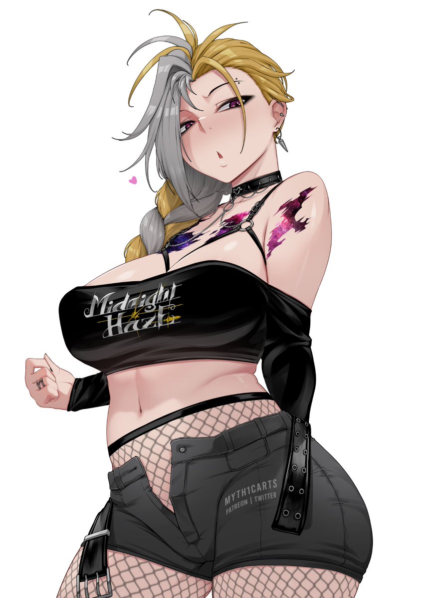 1girl, arm_tattoo, belt, blonde_hair, breasts, chest_tattoo, cleavage, clothes_writing, crop_top, ear_piercing, eyebrow_piercing, face_piercing, fishnet_pantyhose, fishnets, indie_virtual_youtuber, large_breasts, midriff, multicolored_hair, myth1carts, navel, open_belt, open_fly, pantyhose, piercing, short_shorts, shorts, sunny_splosion, tattoo, two-tone_hair, virtual_youtuber, white_hair