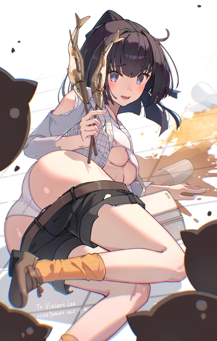 1girl, ahoge, akizuki_(kancolle), akizuki_(saury_festival)_(kancolle), alcohol, ass, bag, beer, black_cat, black_shorts, blush, breasts, brown_hair, brown_shoes, cat, drink, fish, fish_(food), grey_eyes, grey_jacket, grey_panties, grilled_fish, highres, himeyamato, jacket, kantai_collection, looking_at_viewer, official_alternate_costume, on_floor, open_mouth, orange_socks, panties, plaid_clothes, saury, shirt, shoes, shorts, socks, solo, spilled_drink, torn_clothes, torn_shirt, torn_shorts, underboob, underwear, white_panties