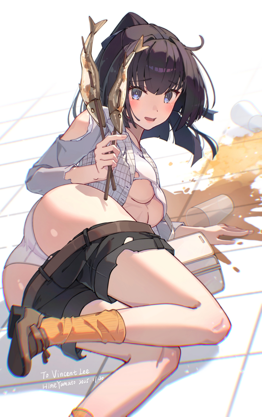 1girl, ahoge, akizuki_(kancolle), akizuki_(saury_festival)_(kancolle), alcohol, ass, bag, beer, black_shorts, blush, breasts, brown_hair, brown_shoes, drink, fish, fish_(food), grey_eyes, grey_jacket, grey_panties, grilled_fish, highres, himeyamato, jacket, kantai_collection, looking_at_viewer, official_alternate_costume, on_floor, open_mouth, orange_socks, panties, plaid_clothes, saury, shirt, shoes, shorts, socks, solo, spilled_drink, torn_clothes, torn_shirt, torn_shorts, underboob, underwear, white_panties