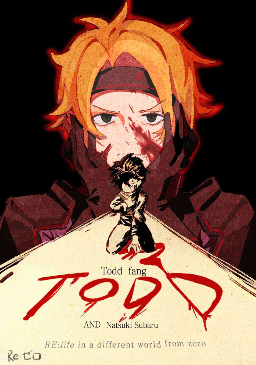 2boys, black_hair, blood, blood_on_face, child, copyright_name, green_eyes, guro, headband, highres, looking_at_viewer, military_uniform, multiple_boys, natsuki_subaru, non-web_source, orange_hair, re:zero_kara_hajimeru_isekai_seikatsu, scared, soldier, symbolism, todd_fang, vollachia