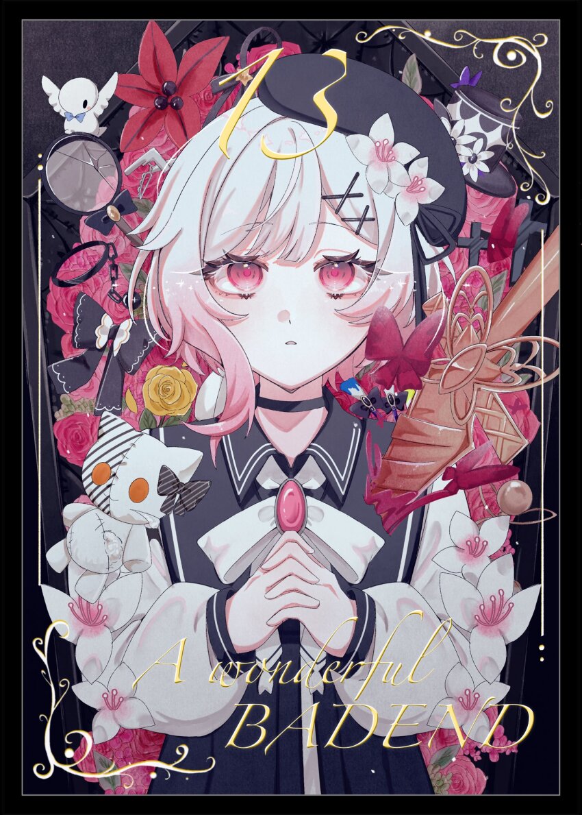 1girl, beret, black_background, black_choker, black_hat, bug, butterfly, cherry_blossoms, choker, commentary_request, floral_background, flower, gradient_hair, hair_flower, hair_ornament, hat, highres, insect, interlocked_fingers, long_sleeves, looking_at_viewer, magnifying_glass, mahou_shoujo_no_majo_saiban, mitobari, multicolored_hair, own_hands_together, parted_lips, pink_eyes, red_butterfly, red_flower, red_rose, rose, sakuraba_ema, short_hair, solo, sword, upper_body, weapon, white_flower, white_hair, x_hair_ornament