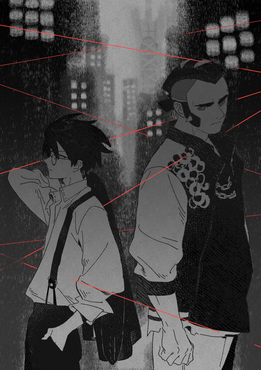 2boys, absurdres, aged_down, arm_up, closed_mouth, collared_shirt, commentary_request, corbeau_(pokemon)