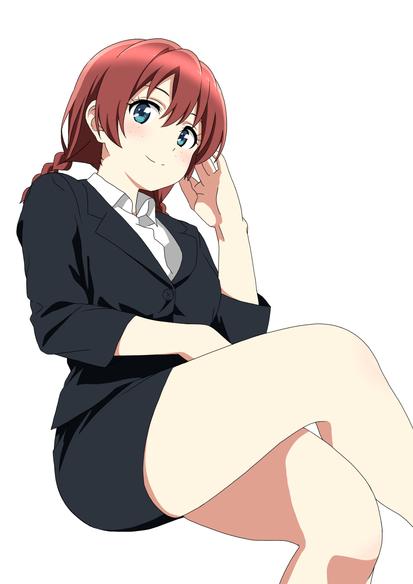 1girl, absurdres, black_jacket, black_skirt, blue_eyes, blush, braid, brown_hair