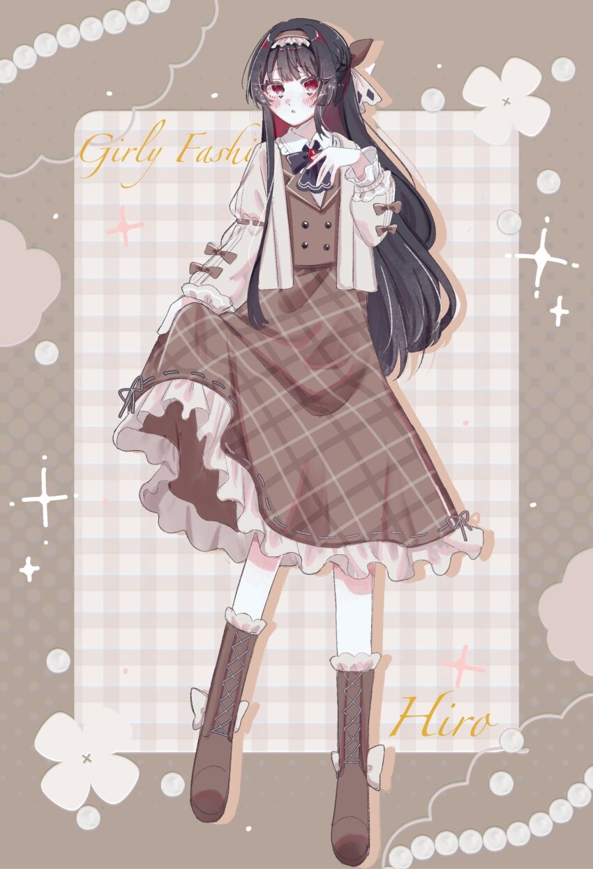 1girl, alternate_costume, black_hair, boots, brown_background, brown_boots, brown_hairband, brown_jacket, brown_skirt, casual, character_name, commentary_request, full_body, hairband, hand_on_own_chest, hand_up, highres, holding_own_skirt, jacket, knee_boots, long_hair, long_sleeves, looking_at_viewer, mahou_shoujo_no_majo_saiban, mitobari, nikaido_hiro, plaid_clothes, plaid_skirt, red_eyes, skirt, solo, sparkle, standing
