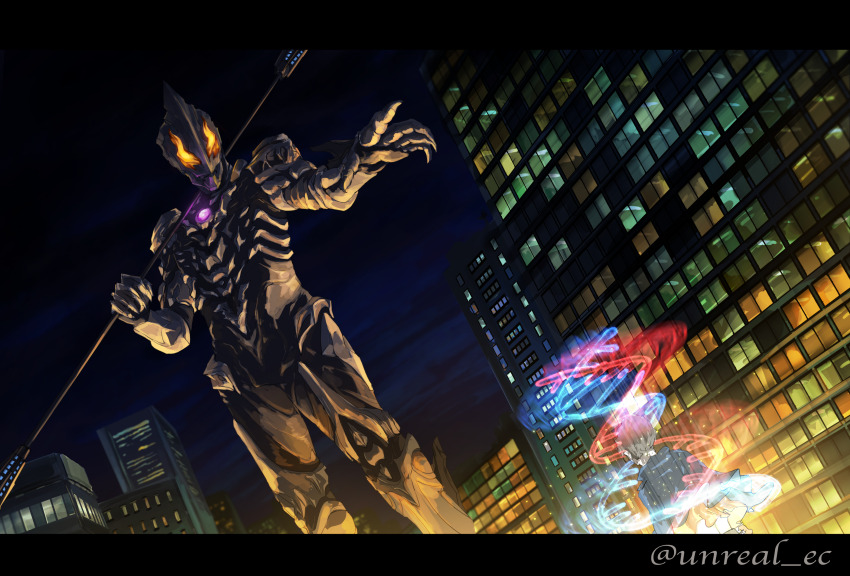 1boy, absurdres, alien, building, city_lights, claws, color_timer, double_helix